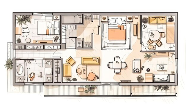 Foto dibujo de línea del plano del piso del apartamento sobre un fondo blanco generativo ai