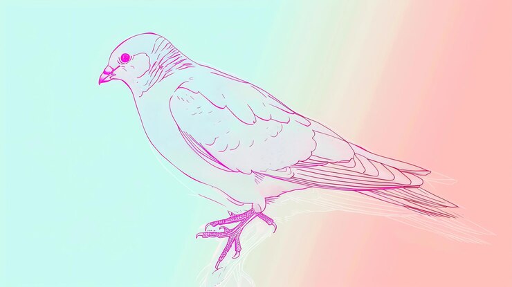 Foto un dibujo de línea simple y elegante de una paloma en rosa sobre un fondo pastel gradiente la paloma está mirando hacia la izquierda del espectador