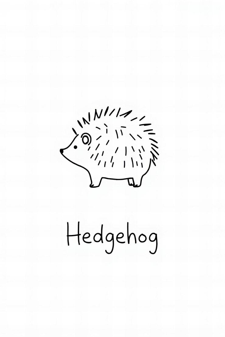 Foto dibujo de línea simple de un erizo encantador con el nombre de erizo debajo