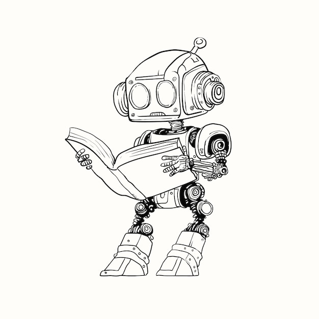 Foto dibujo lineal de dibujos animados en blanco y negro de un robot leyendo un libro