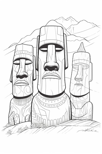Un dibujo lineal de estatuas de la isla de pascua.