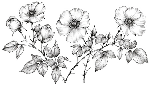 Dibujo lineal de rosas silvestres sobre un fondo blanco