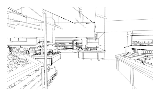 Dibujo lineal de supermercado Diseño moderno Representación 3d