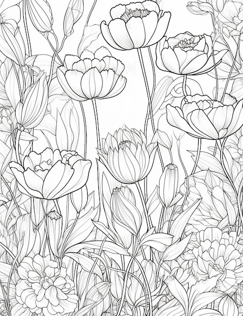 Dibujo de líneas en blanco y negro de un ramo de flores con el título tulipanes.