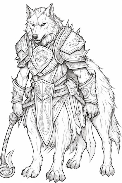 un dibujo de un lobo con armadura y espada ai generativo