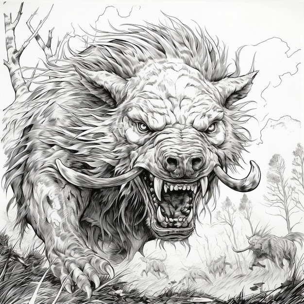 un dibujo de un lobo con una cabeza de lobo al fondo