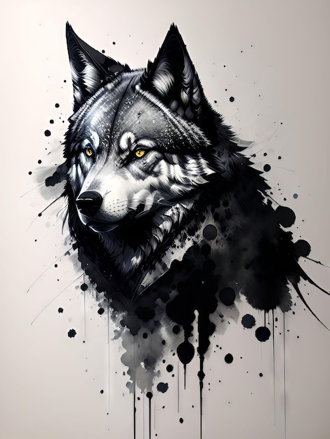 Un dibujo de un lobo con fondo negro y marcas en blanco y negro.
