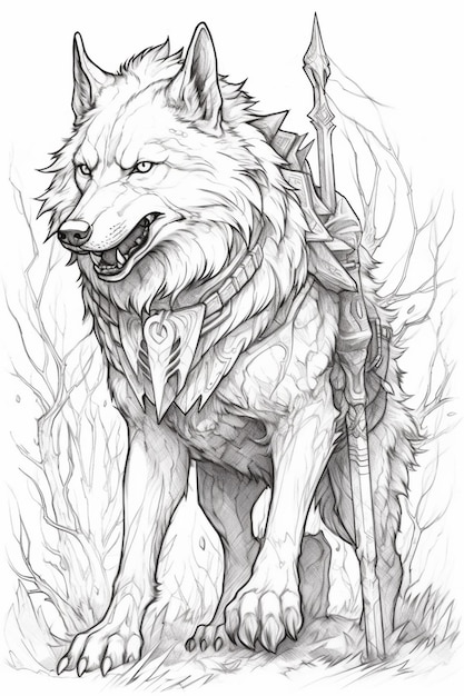 un dibujo de un lobo con una lanza y una espada ai generativo