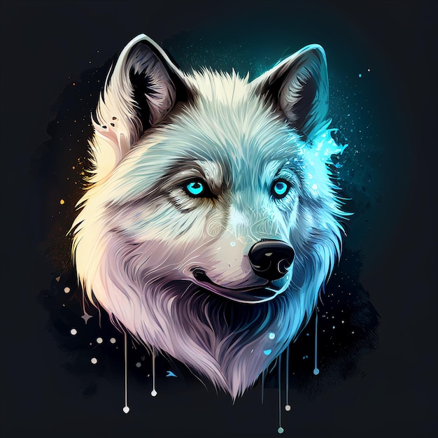 Un dibujo de un lobo con ojos azules y fondo negro.