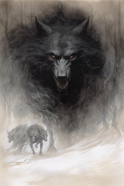 un dibujo de un lobo con otros dos animales en el fondo