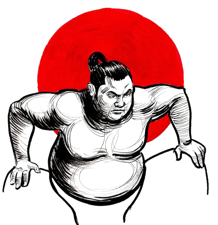 Foto un dibujo de un luchador de sumo con un círculo rojo en el fondo.