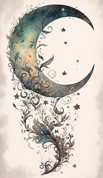 Un dibujo de una luna creciente con flores y estrellas.