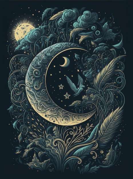 Un dibujo de una luna creciente con un pájaro en ella