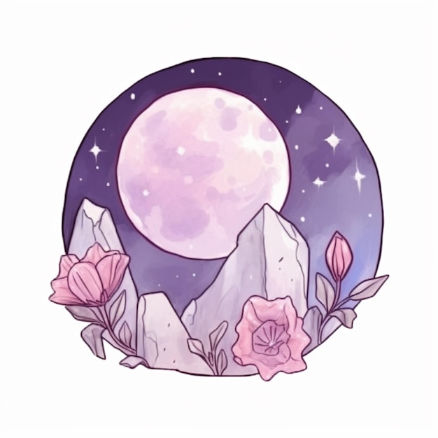 un dibujo de una luna llena con flores y estrellas en el fondo generativo ai