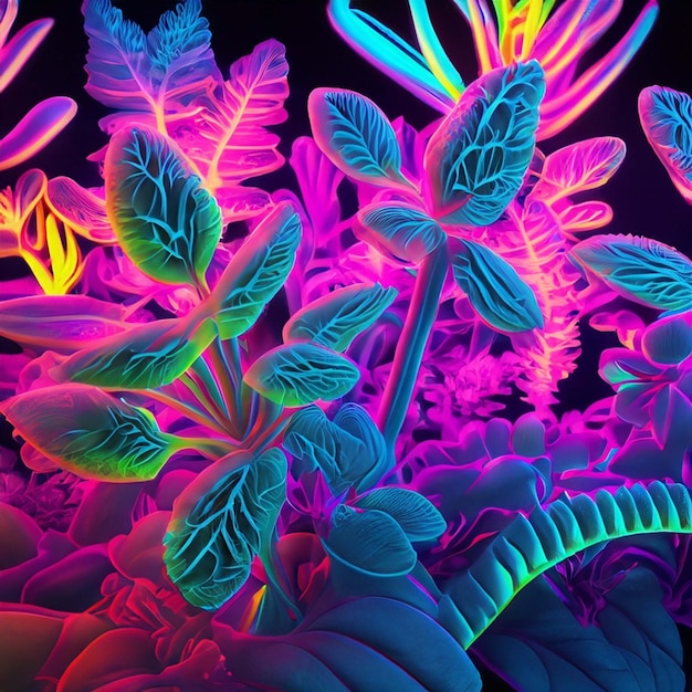 Dibujo de luz de neón multicolor con formas abstractas, flores aisladas sobre un fondo negro, arte de líneas brillantes