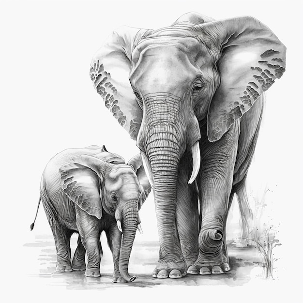 Un dibujo de una madre y un bebé elefante.