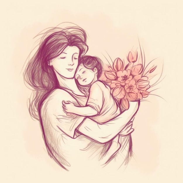 Un dibujo de una madre con un bebé y un ramo de flores.