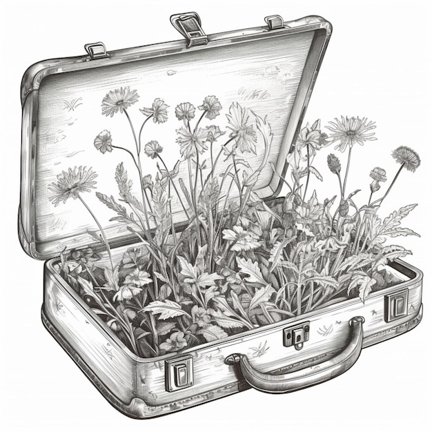 dibujo de una maleta con flores dentro de ai generativa