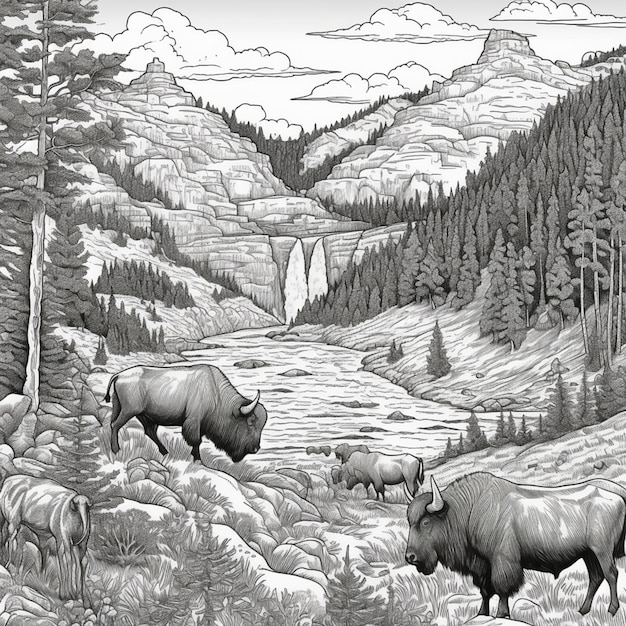 Un dibujo de una manada de bisontes en un paisaje de montaña.