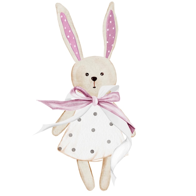Dibujo a mano de acuarela de conejo de un lindo conejo de juguete retro en un vestido con un clip art de arco rosa