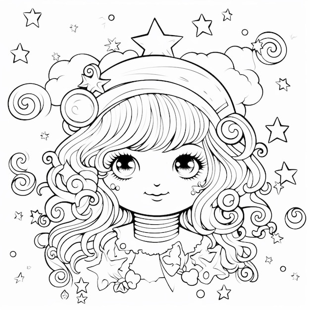 dibujo a mano chica linda lineart ilustración libro de colorear para niños