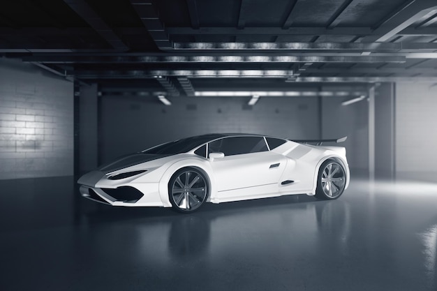 Dibujo a mano de un diseño de coche inacabado en un garaje grunge Concepto de tecnología Renderización en 3D