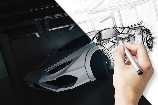 Dibujo a mano de un diseño de coche inacabado en un garaje grunge Concepto de tecnología Renderización en 3D