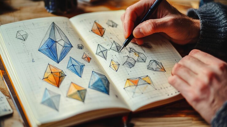 Foto dibujo a mano de formas geométricas en un cuaderno abierto