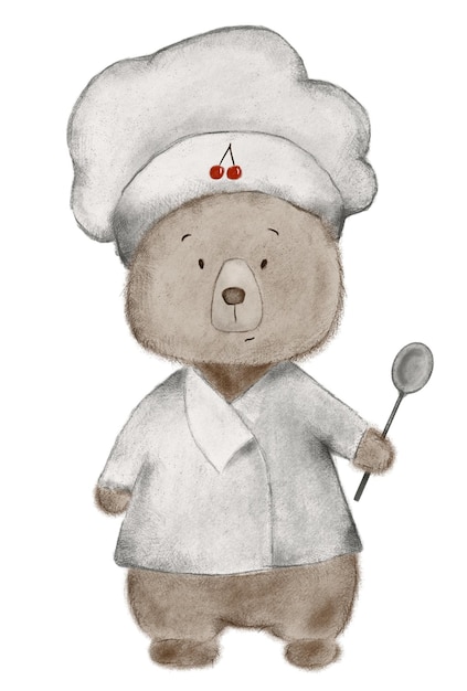 dibujo a mano de un lindo oso de peluche en un sombrero de chef y con una cuchara, oso de chef de dibujos animados