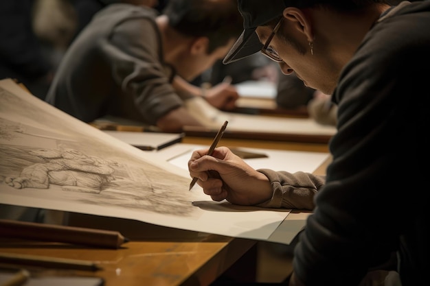 Dibujo a mano masculina Joven dibujando formación de artistas en la escuela IA generativa