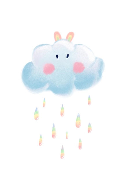 Foto dibujo a mano del personaje nube azul claro con gotas de colores arco iris