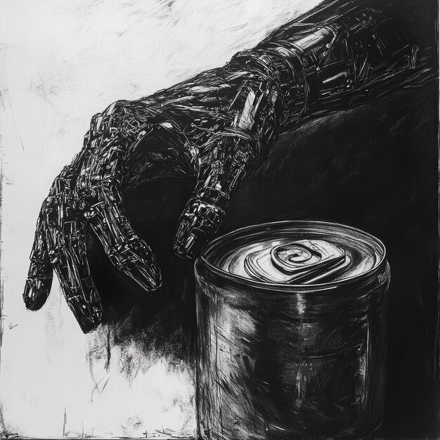 Un dibujo de una mano sosteniendo una lata de un monstruo