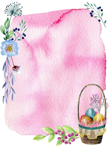 Dibujo a mano tarjeta de felicitación de acuarela de Pascua con cesta de huevos