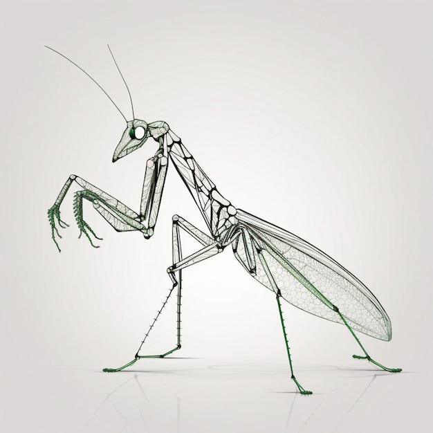 Un dibujo de una mantis religiosa con un fondo blanco.