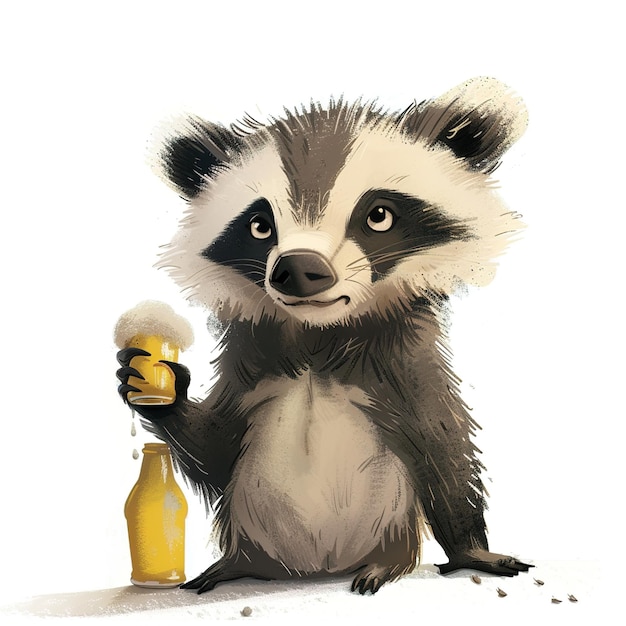 un dibujo de un mapaches sosteniendo una botella de líquido amarillo