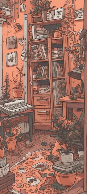 Dibujo de una máquina de escribir en una habitación con una librería y una librería con una flor.