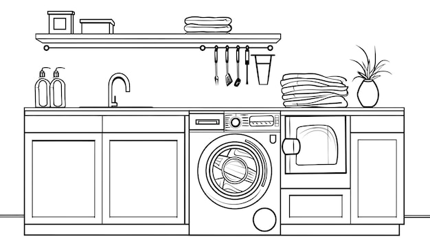 un dibujo de una máquina de lavar con una máquina de lavado y una máquina de lavavajillas