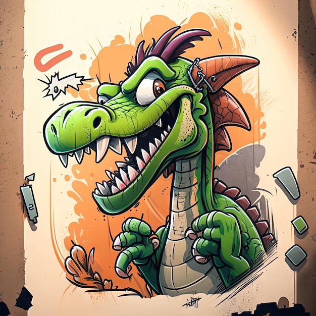 Dibujo de marcador de estilo graffiti de personaje de dibujos animados de dinosaurio tonto