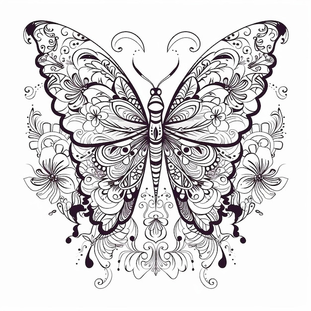 un dibujo de una mariposa con un estampado de flores y mariposas.