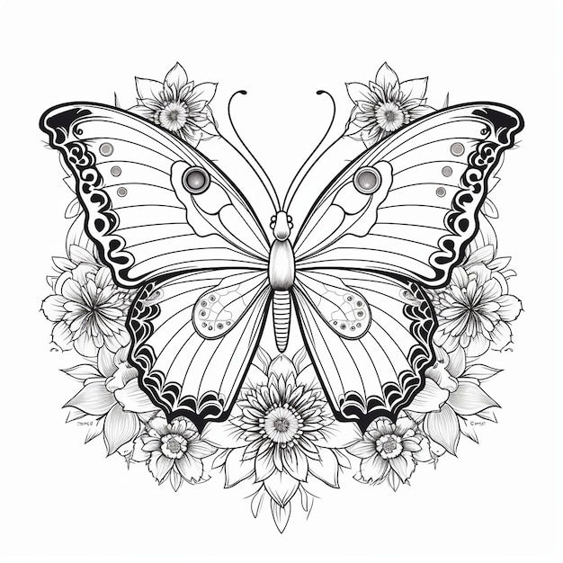 Un dibujo de una mariposa con flores y mariposas.
