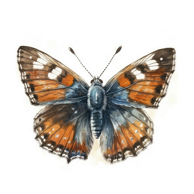 Un dibujo de una mariposa con marcas naranjas y azules.