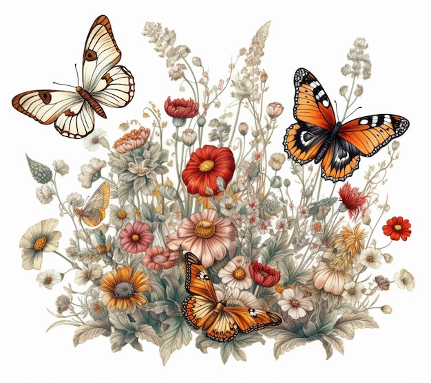 Un dibujo de mariposas y flores con una mariposa.