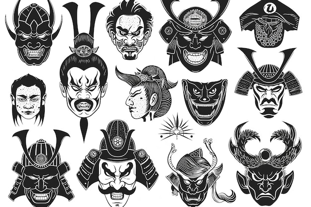 Un dibujo de máscara de casco samurai en blanco y negro dibujado a mano Idea de tatuaje para una ilustración de tema japonés
