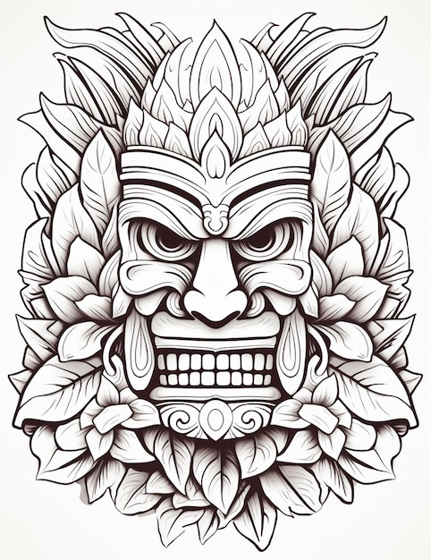 un dibujo de una máscara con hojas y flores a su alrededor