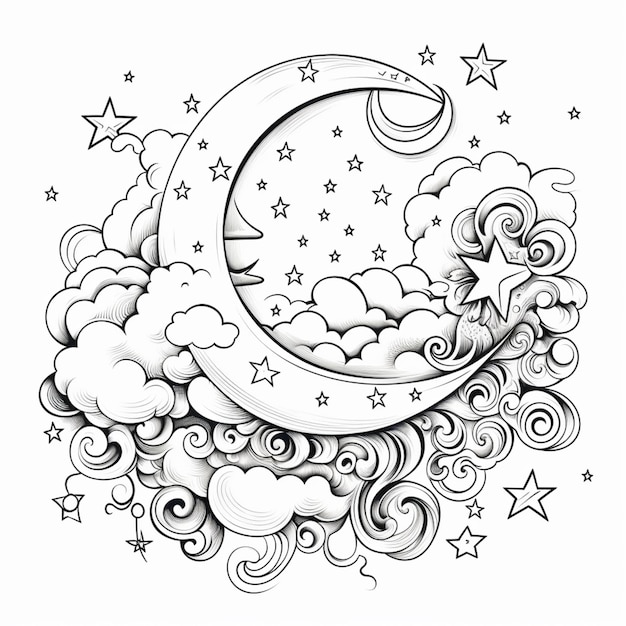 un dibujo de una media luna con nubes y estrellas en el cielo generativo ai