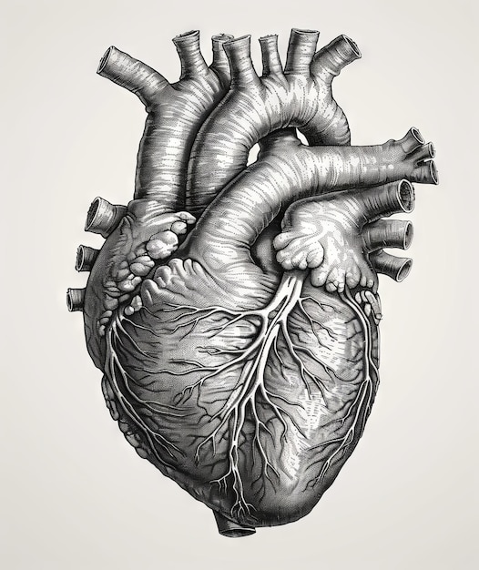 Foto dibujo médico vintage en blanco y negro del corazón humano en el estilo de la ia generativa realista