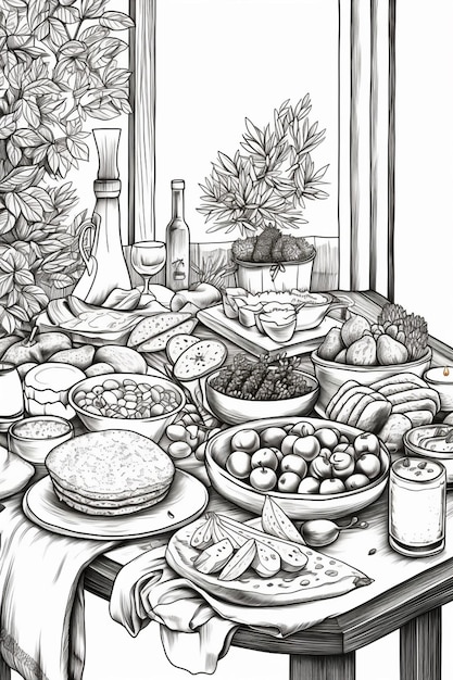 un dibujo de una mesa con mucha comida en ella