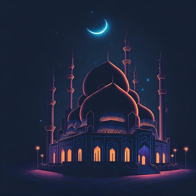 Dibujo de una mezquita con la luna al fondo