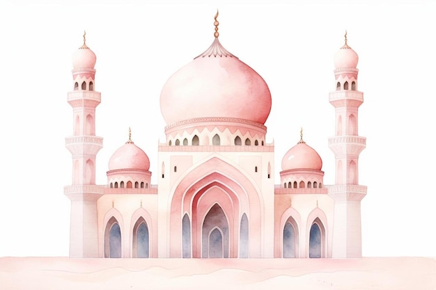 un dibujo de una mezquita en rosa y azul.