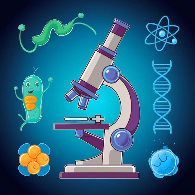 un dibujo de un microscopio con un fondo azul con un grupo de bacterias y un microscope
